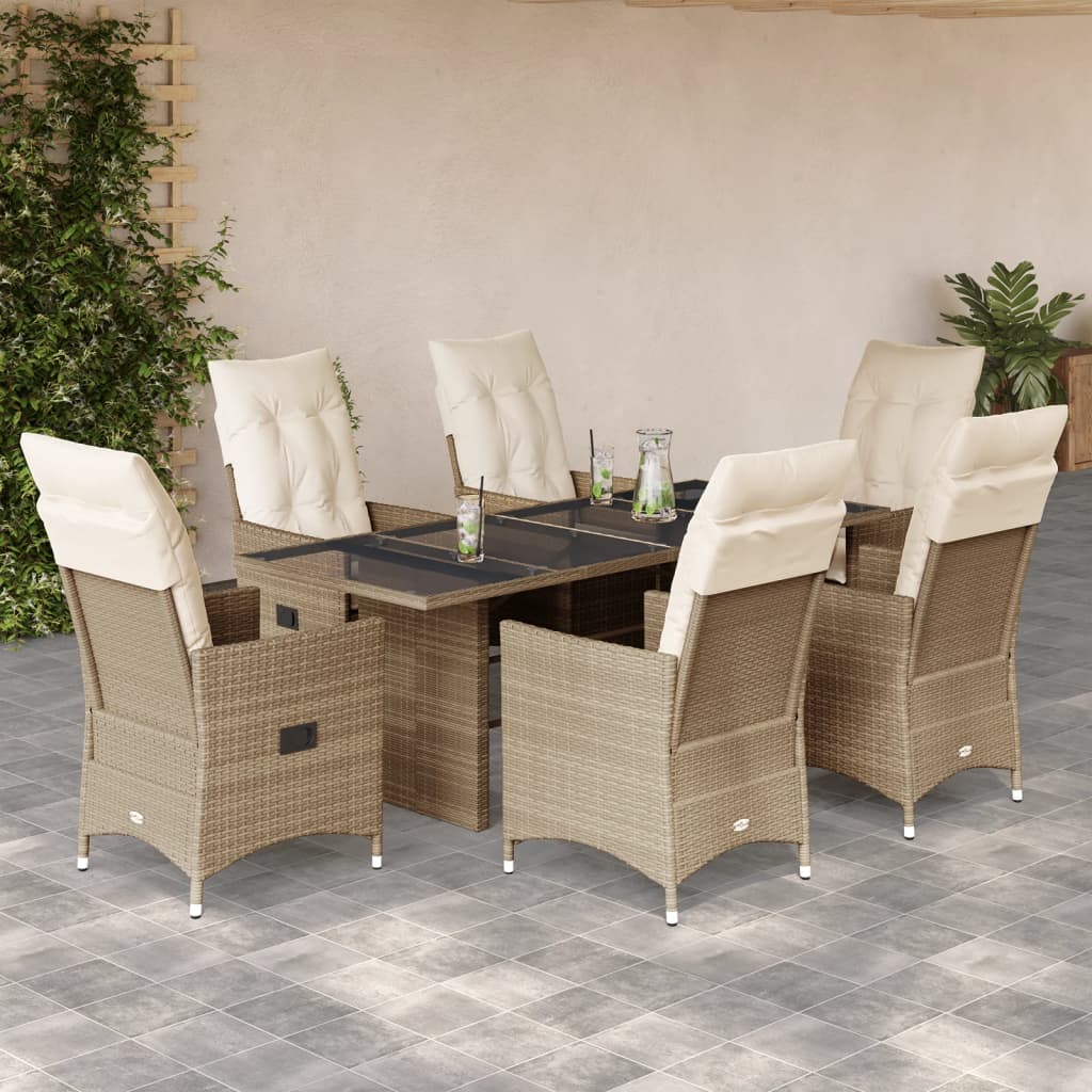 7 Pcs conjunto de jantar p/ jardim com almofadões vime PE bege