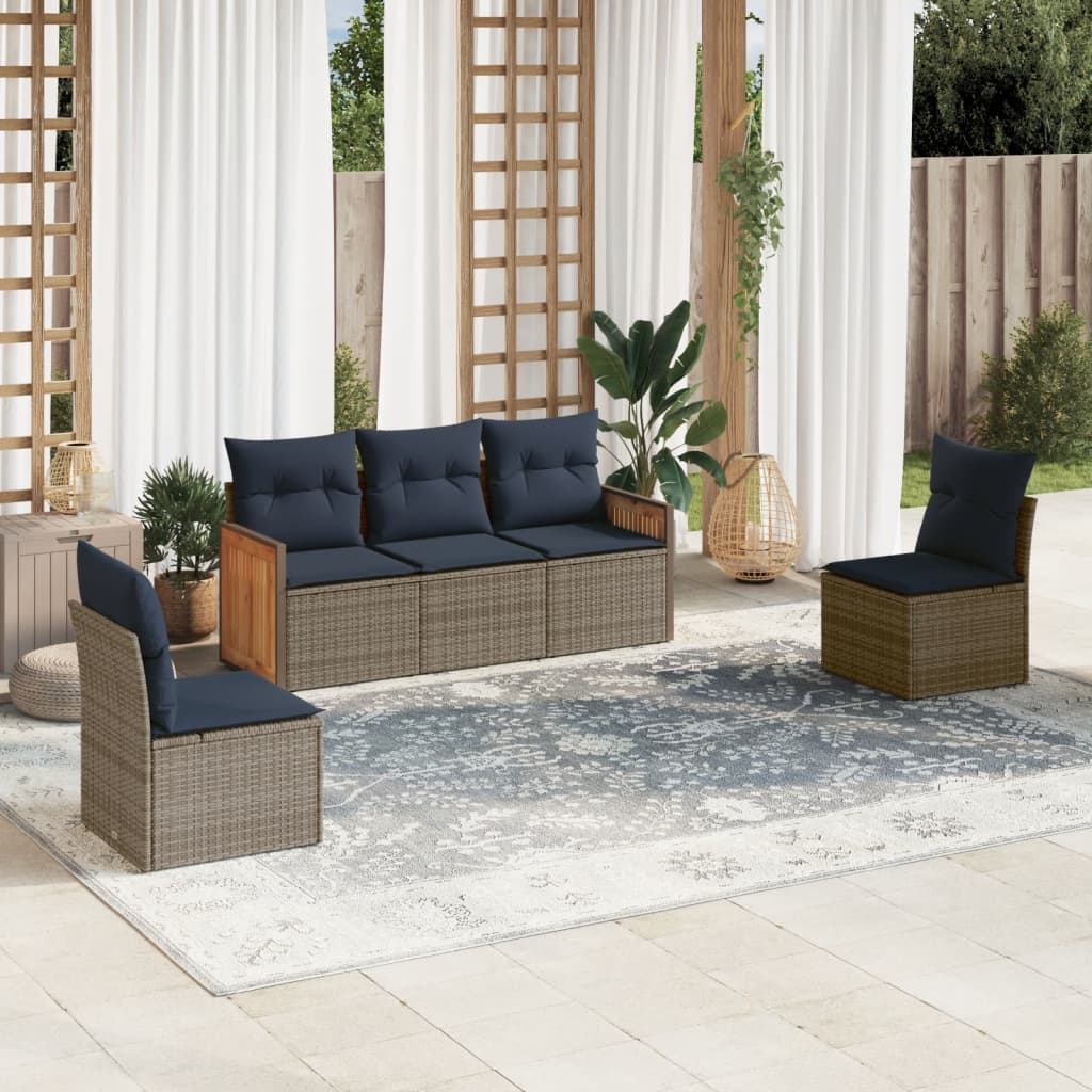 Conjunto de sofá de jardim de 5 peças com almofadas em rattan sintético cinza