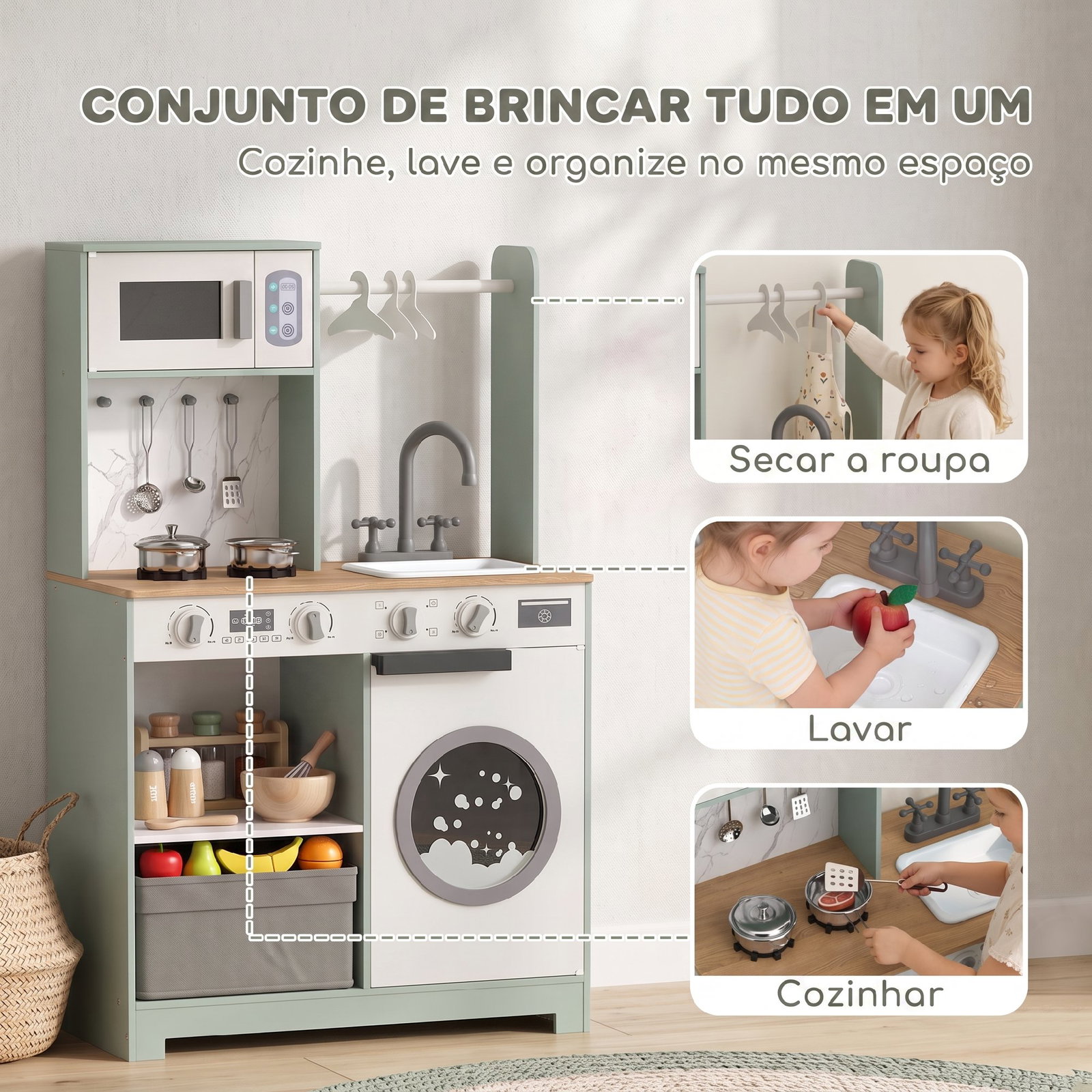 Cozinha de brincar em madeira com lavandaria dispensador de gelo gaveta em tecido cabides e acessórios em aço inoxidável verde