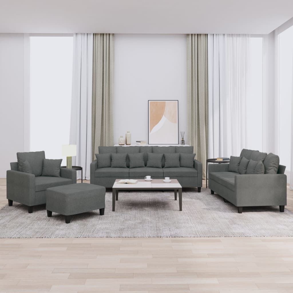 4 Pcs conjunto de sofás com almofadas tecido cinzento-escuro