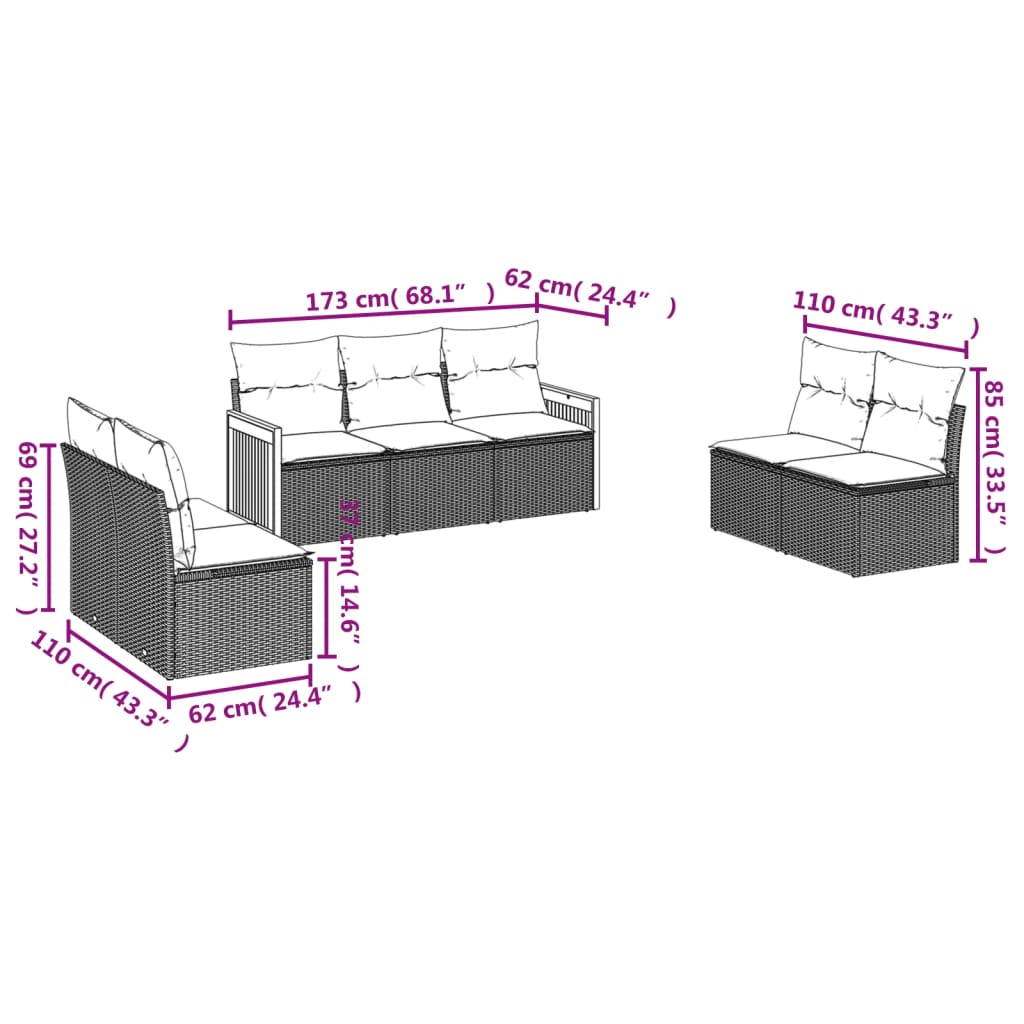 7 Pcs conjunto de sofás p/ jardim com almofadões vime PE bege