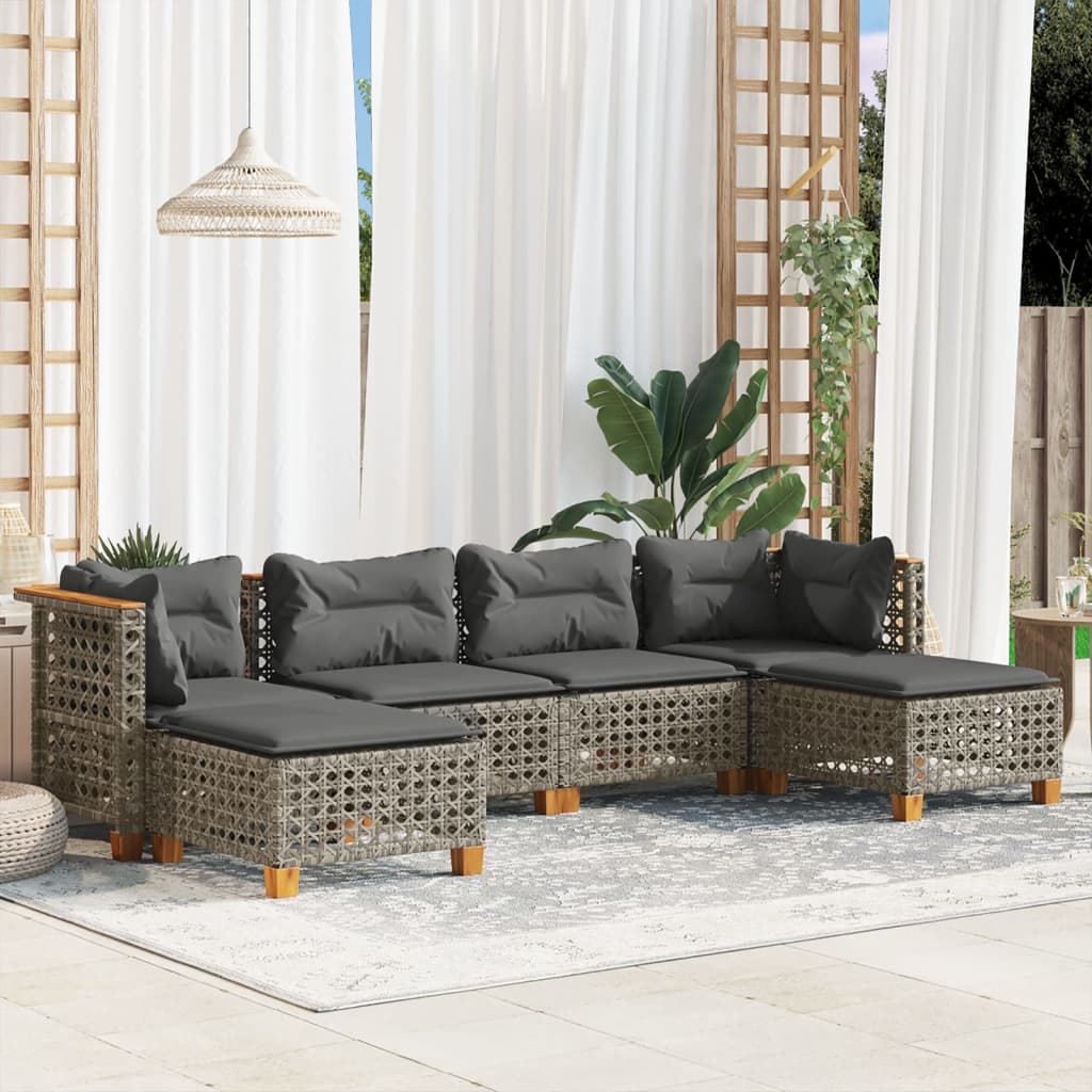6 Pcs conjunto sofás de jardim com almofadões vime cinzento