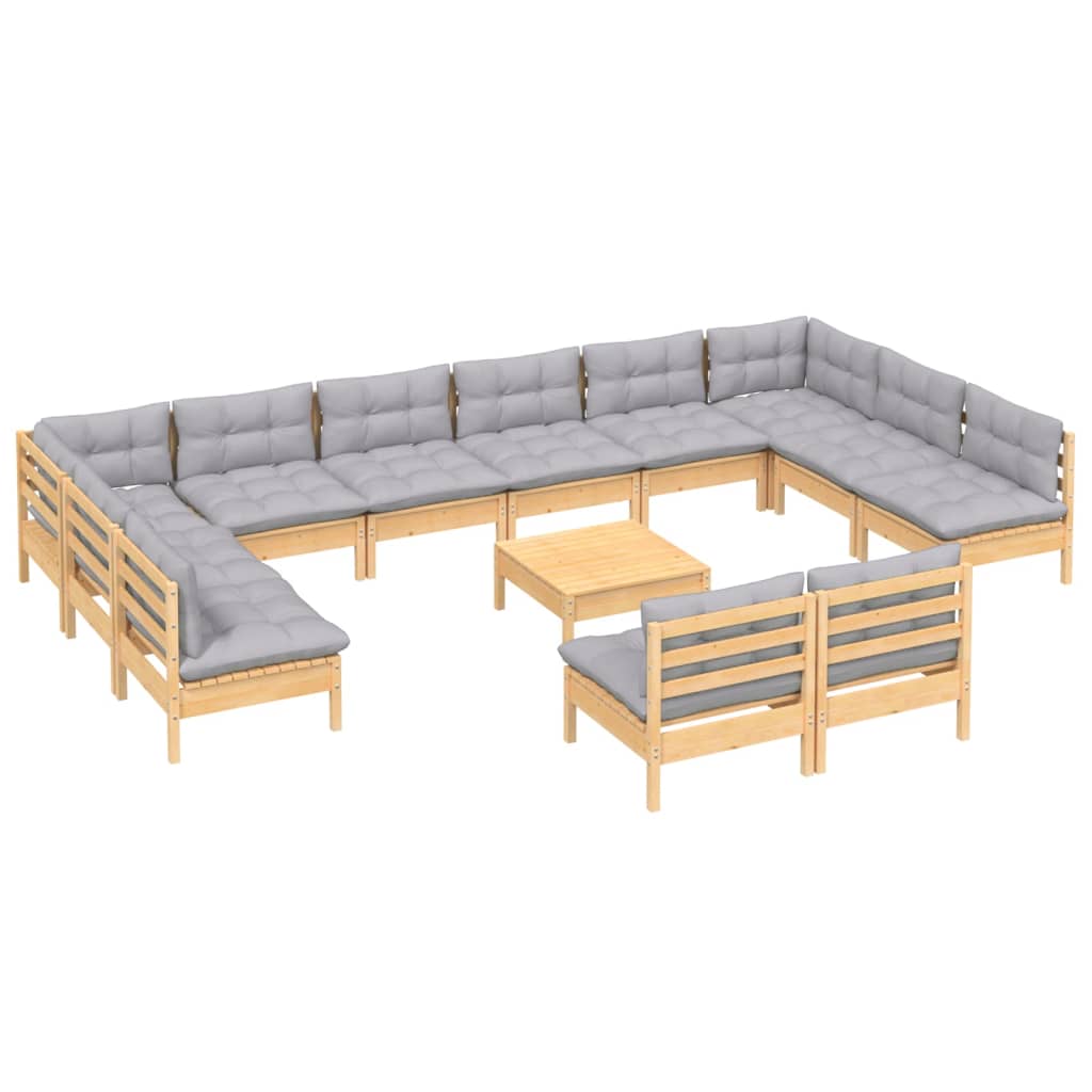 13Pcs conjunto lounge de jardim + almofadões cinza pinho maciço