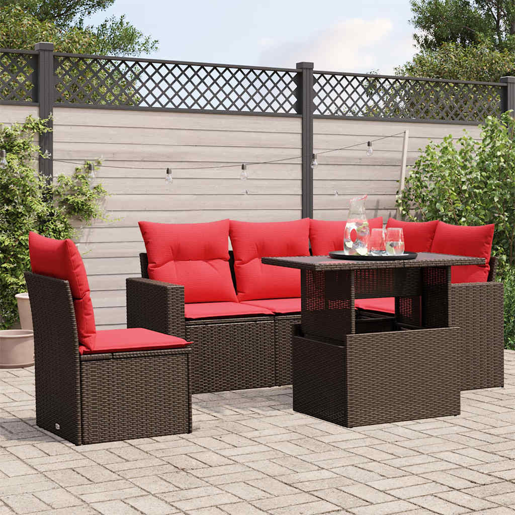 Conjunto de sofá de jardim com 6 peças e almofadas em rattan sintético marrom