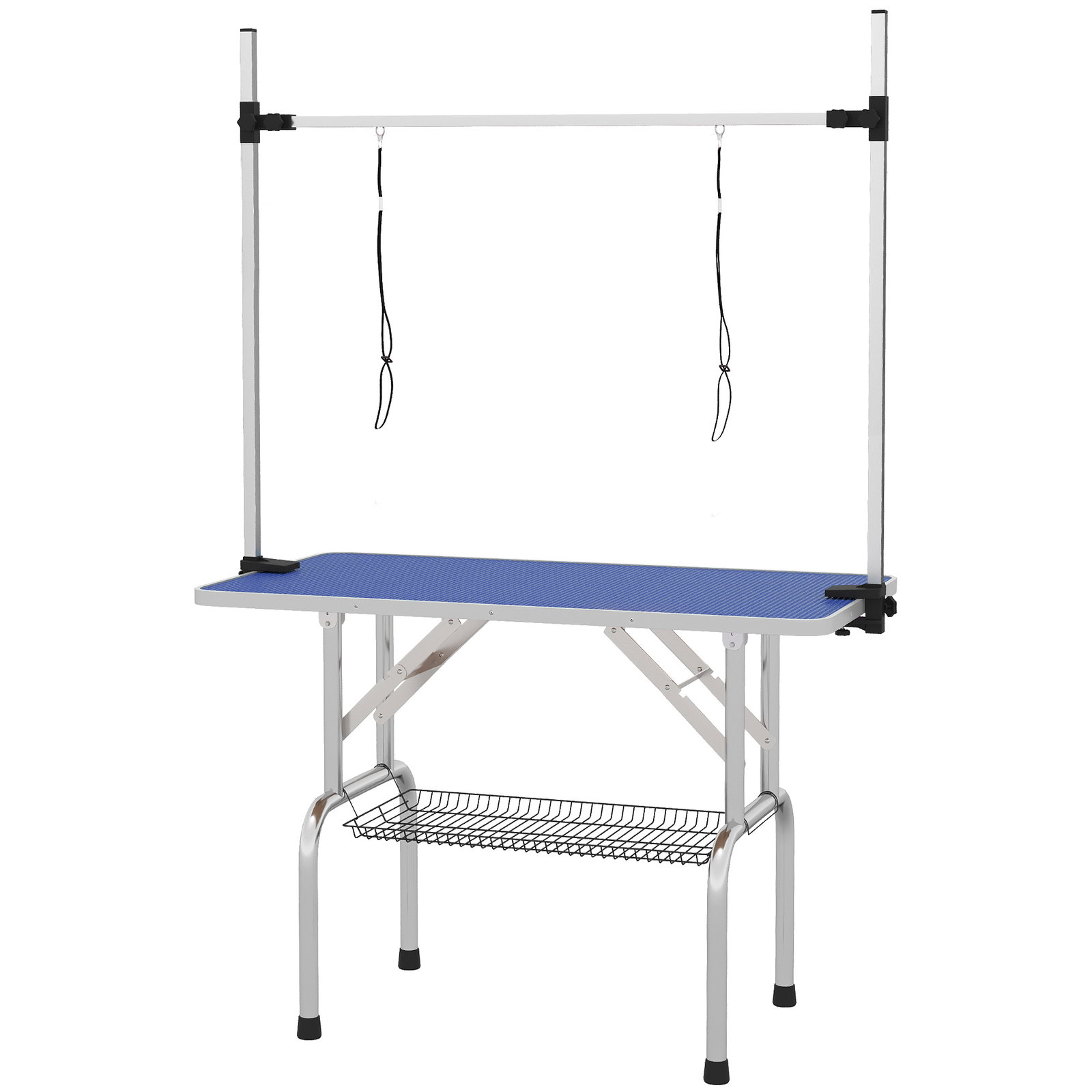 Mesa de tosquia para cães dobrável com prateleira de armazenamento e altura ajustável 20-80 cm 107x60x170 cm azul