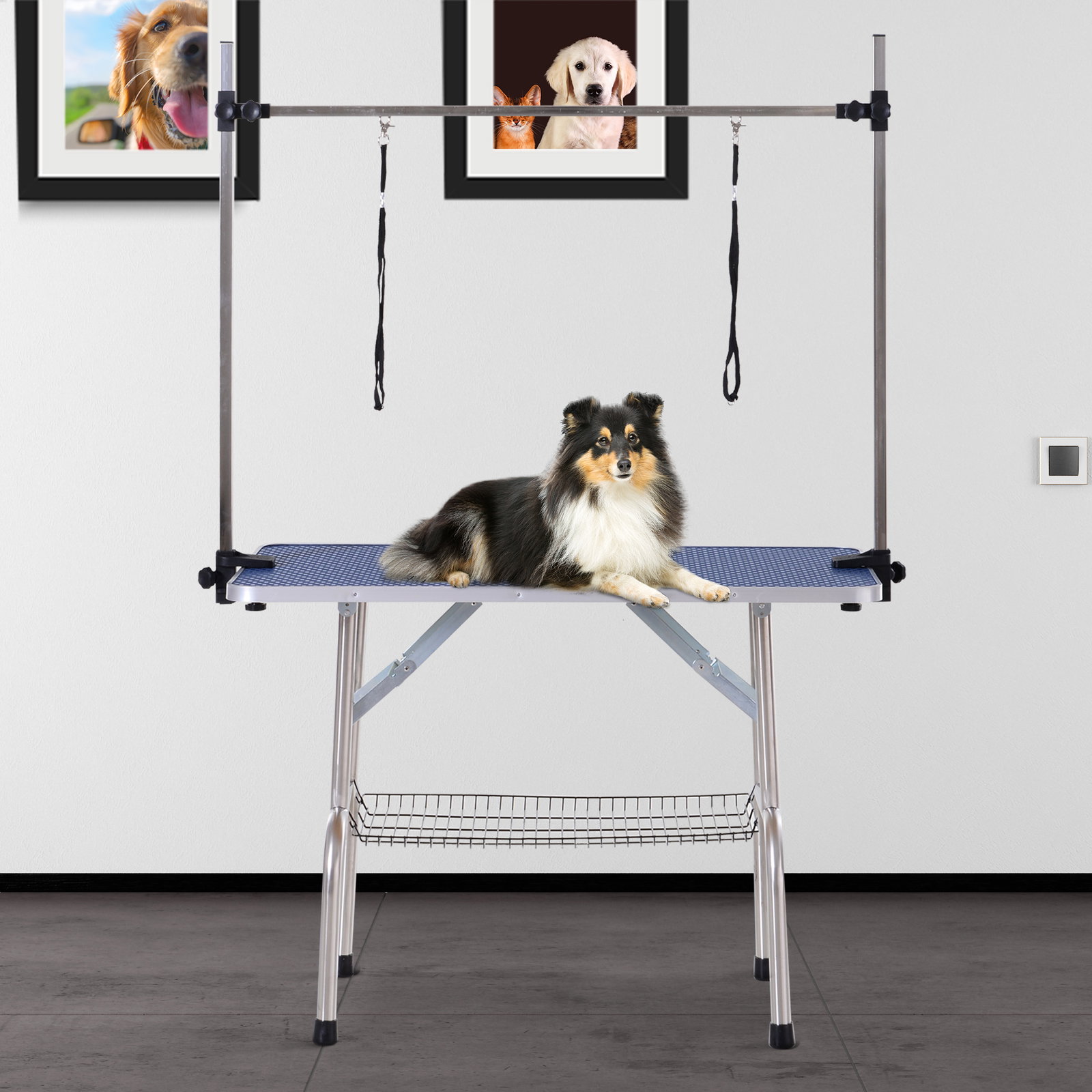 Mesa de tosquia para cães dobrável com prateleira de armazenamento e altura ajustável 20-80 cm 107x60x170 cm azul