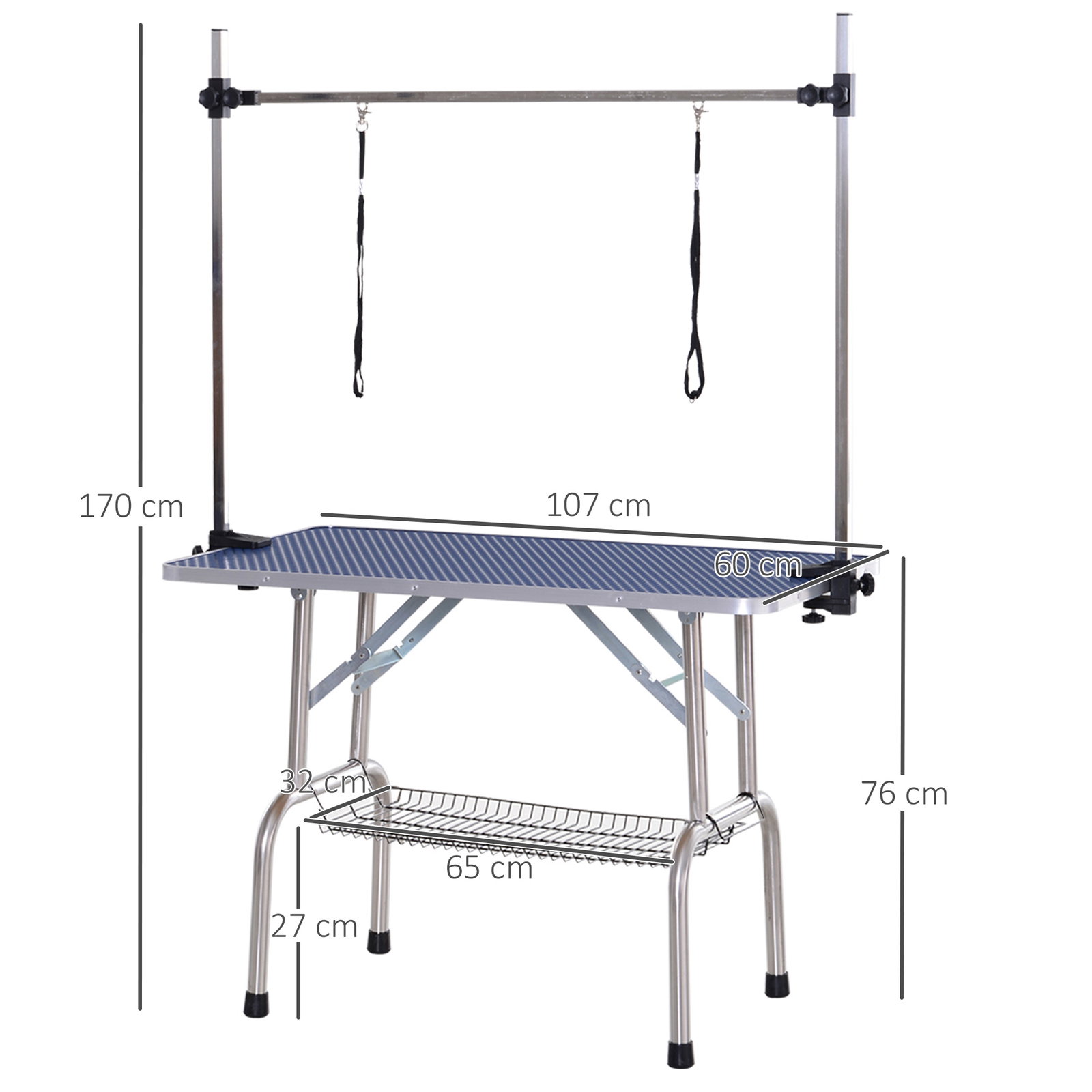 Mesa de tosquia para cães dobrável com prateleira de armazenamento e altura ajustável 20-80 cm 107x60x170 cm azul