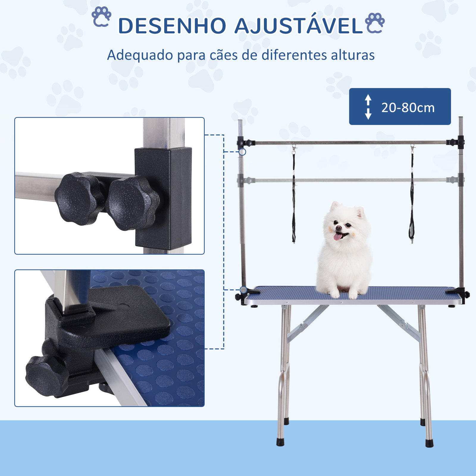 Mesa de tosquia para cães dobrável com prateleira de armazenamento e altura ajustável 20-80 cm 107x60x170 cm azul
