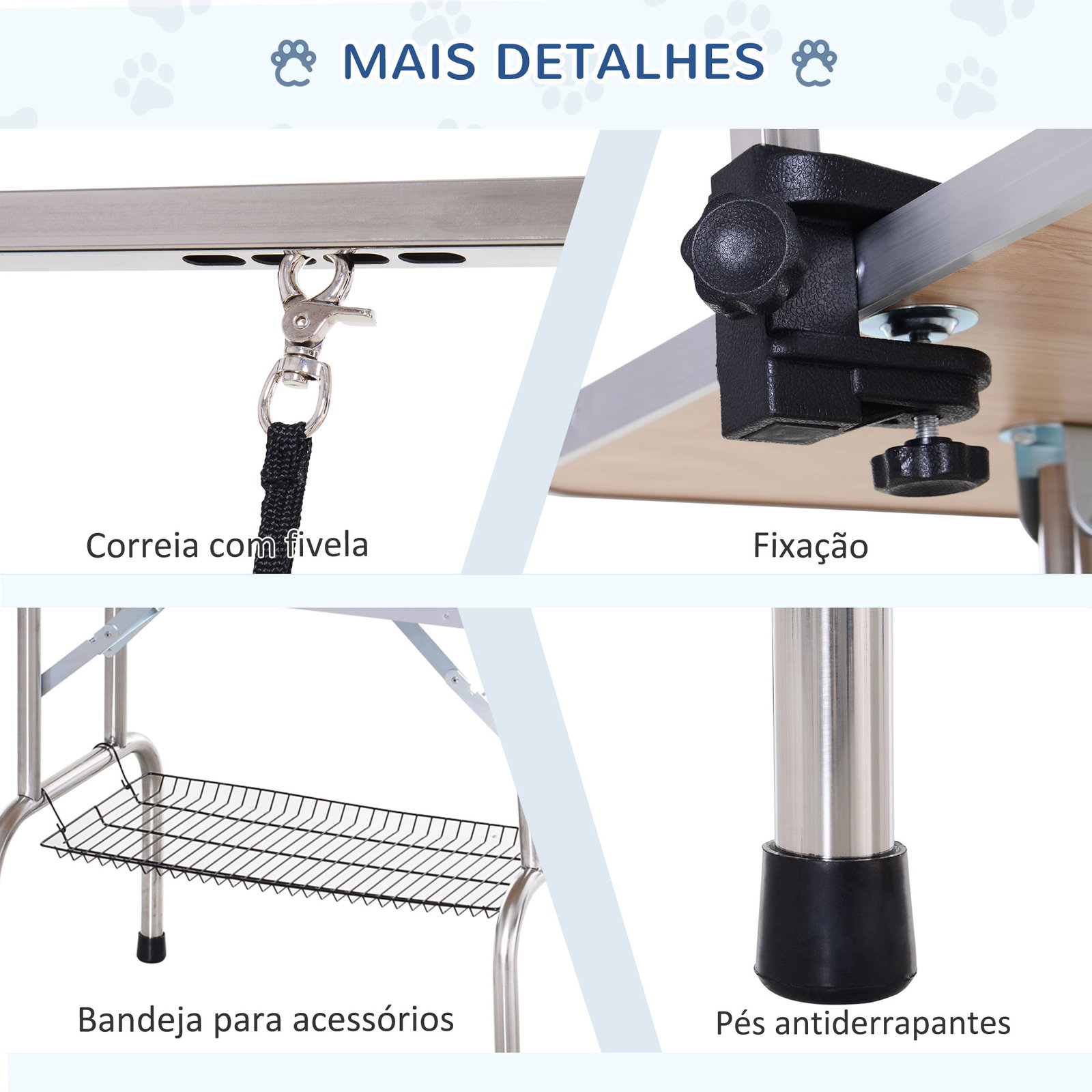 Mesa de tosquia para cães dobrável com prateleira de armazenamento e altura ajustável 20-80 cm 107x60x170 cm azul