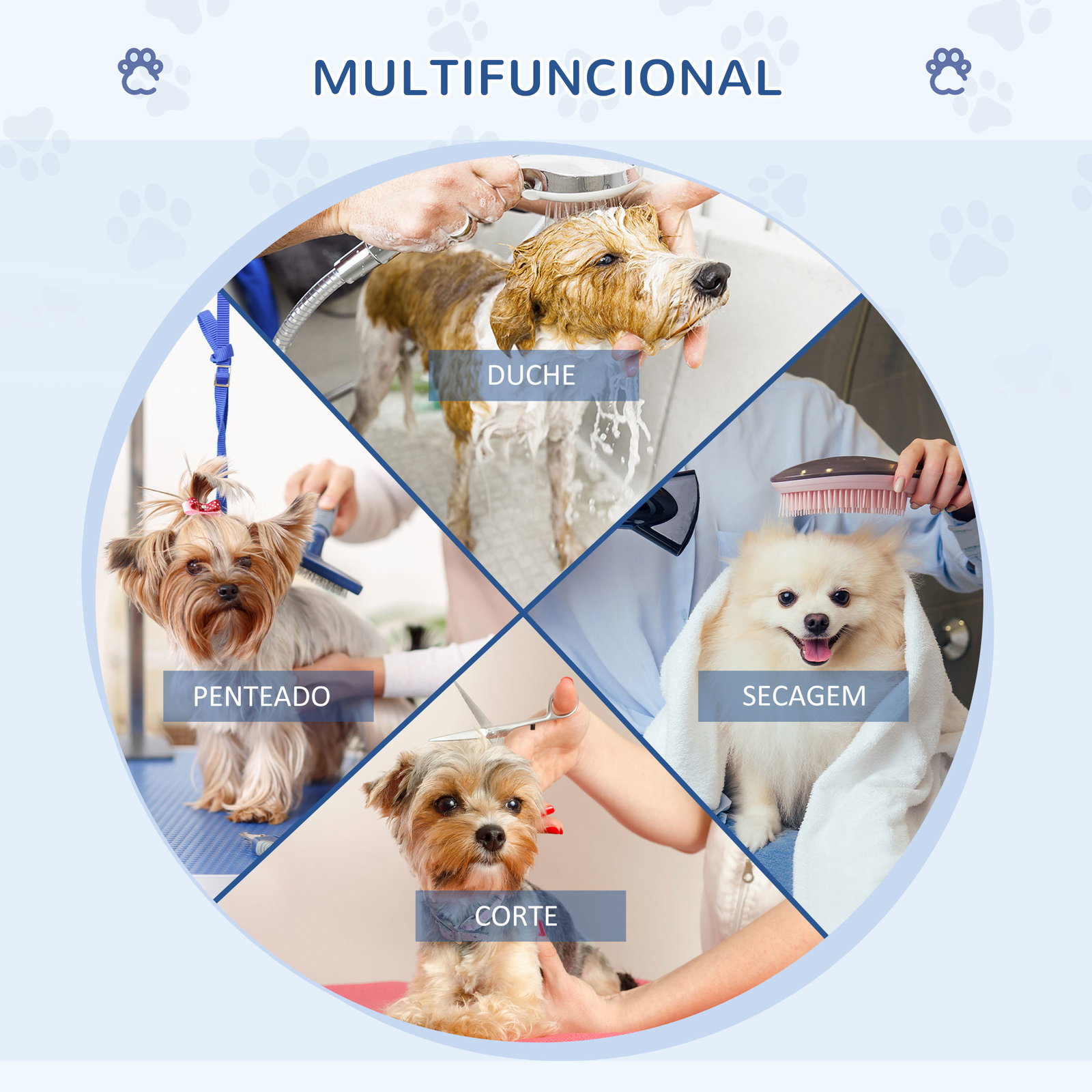 Mesa de tosquia para cães dobrável com prateleira de armazenamento e altura ajustável 20-80 cm 107x60x170 cm azul