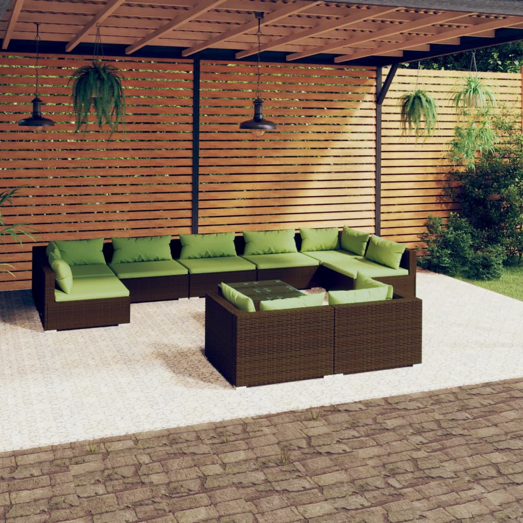 10 Pcs conjunto lounge jardim c/ almofadões vime PE castanho