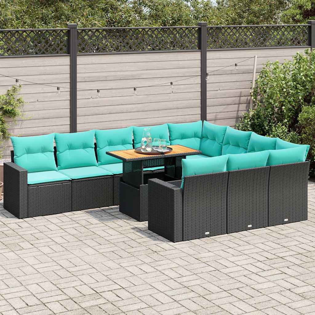 11 Pcs conjunto sofás de jardim c/ almofadões vime PE preto