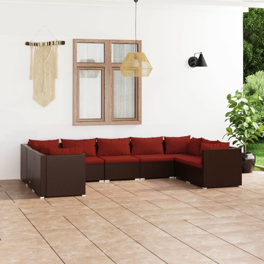 9 Pcs conjunto lounge jardim c/ almofadões vime PE castanho