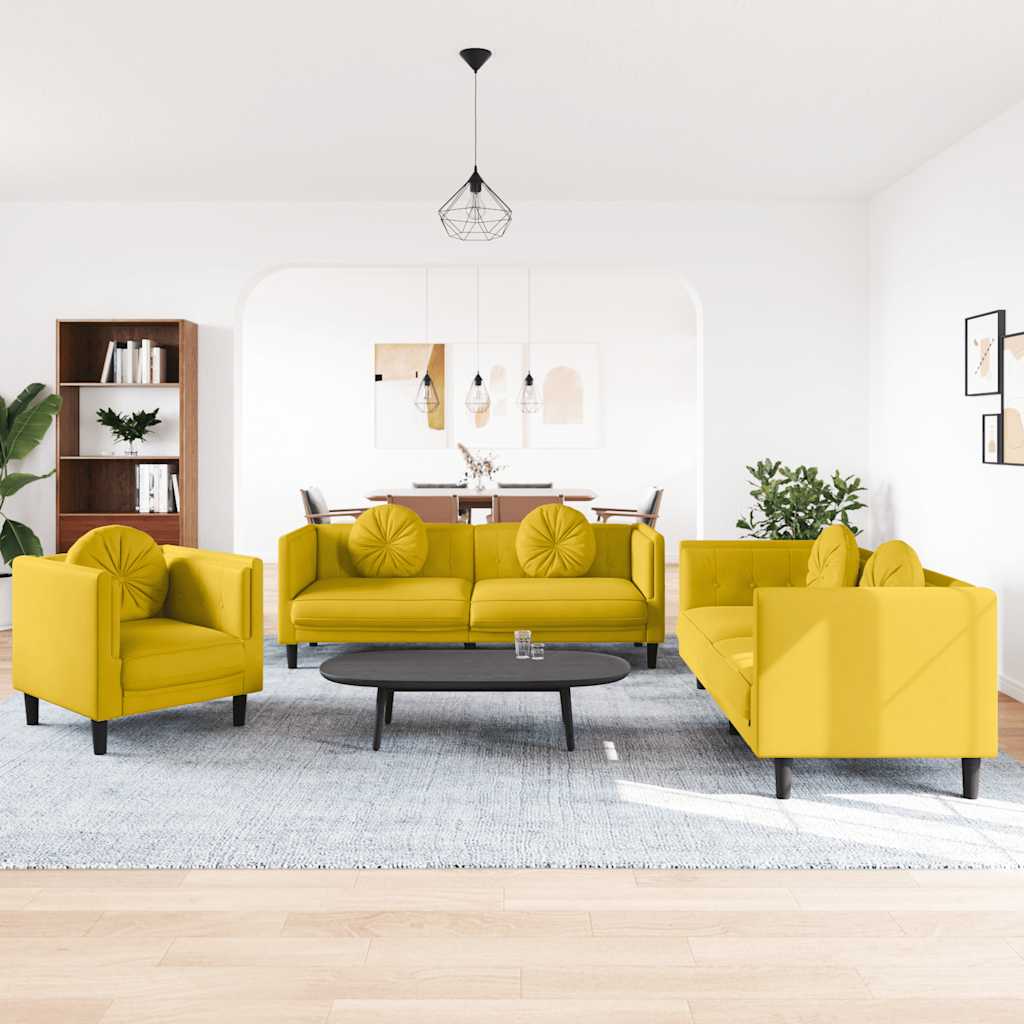 3 Pcs conjunto de sofás com almofadas veludo amarelo