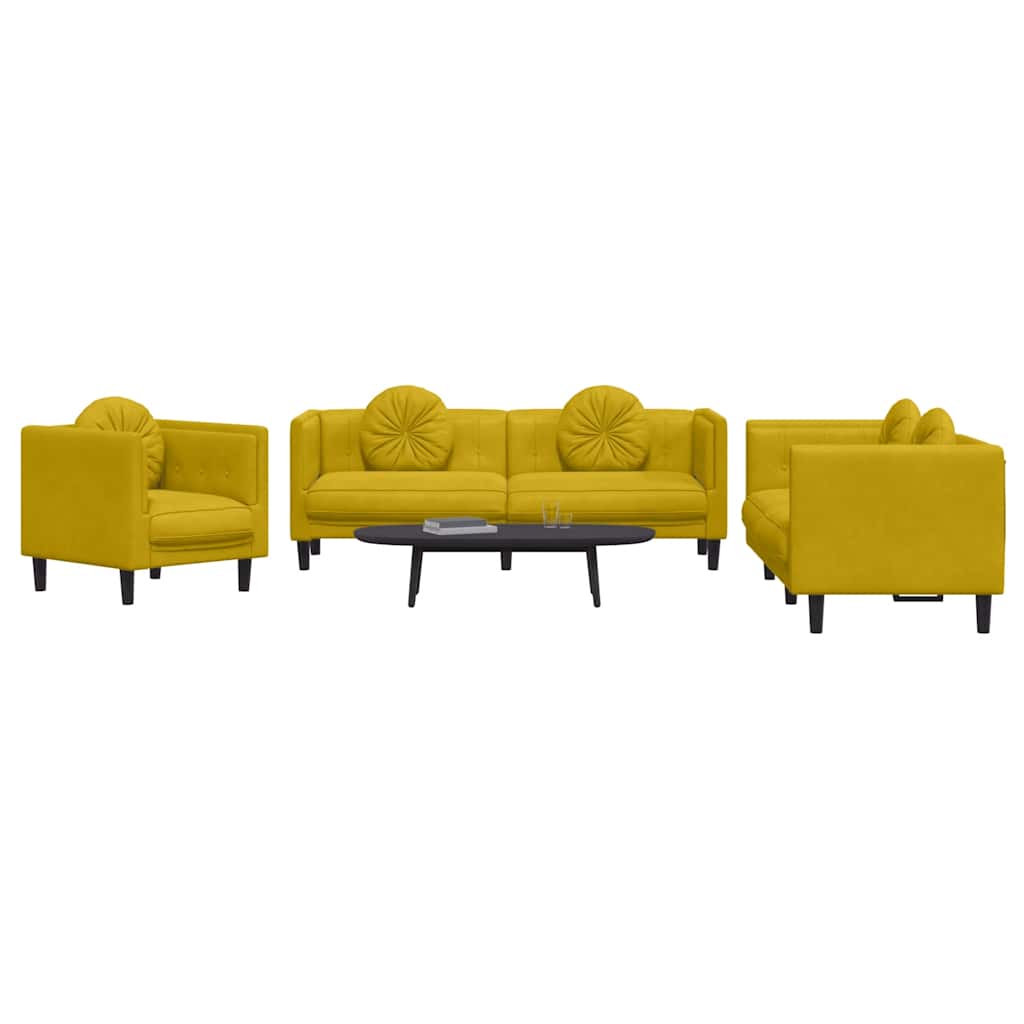 3 Pcs conjunto de sofás com almofadas veludo amarelo