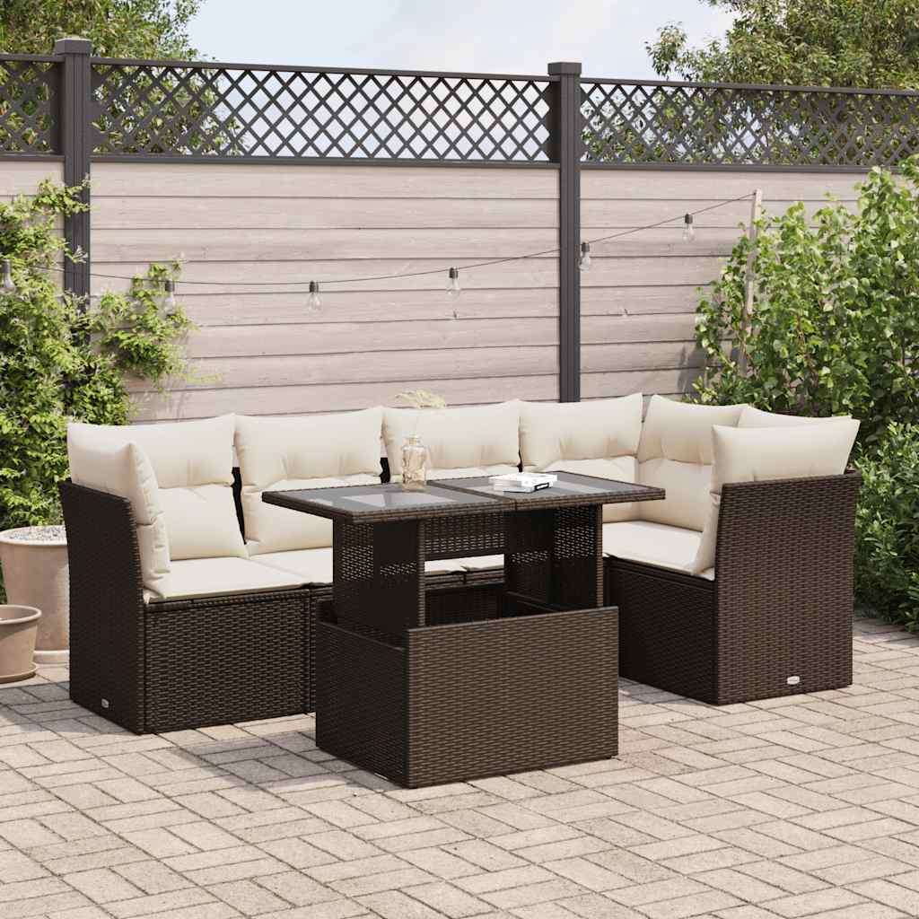 6 Pcs conjunto de sofás jardim c/ almofadões vime PE castanho