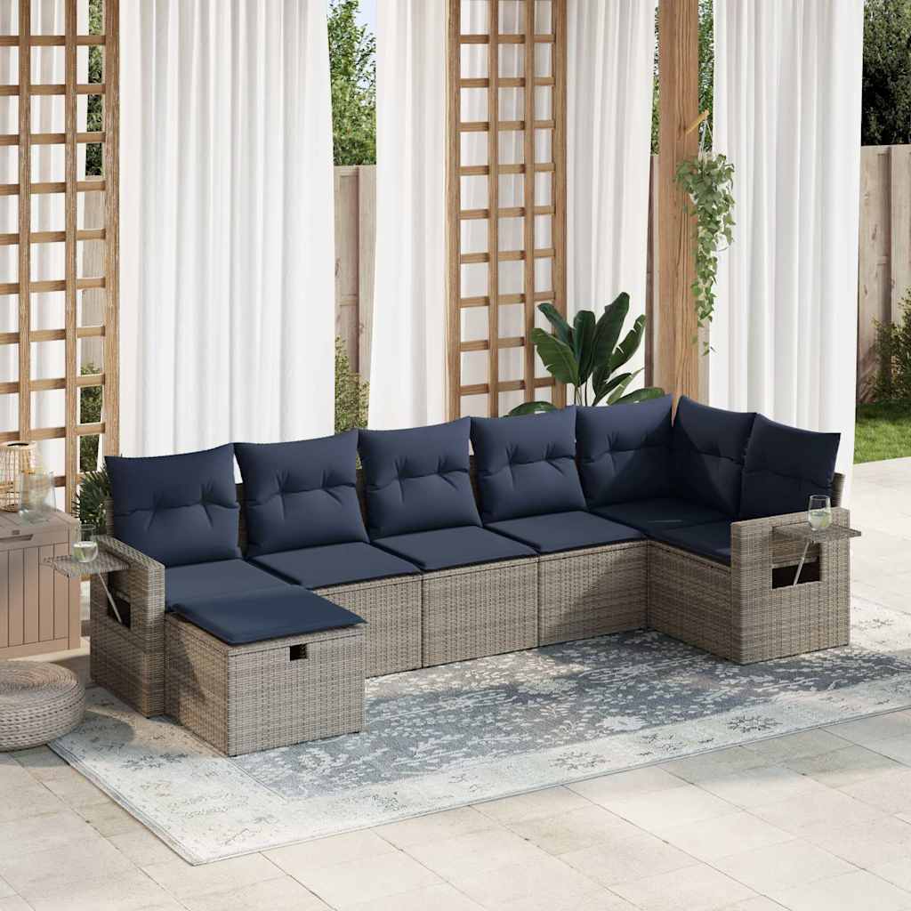 7 Pcs conjunto sofás p/ jardim c/ almofadões vime PE cinzento