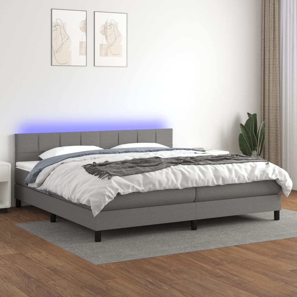 Cama box spring c/ colchão e LED 200x200 cm tecido cinza-escuro