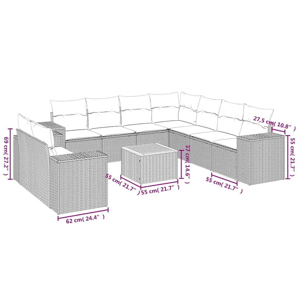 10 Pcs conjunto sofás de jardim c/ almofadões vime PE preto