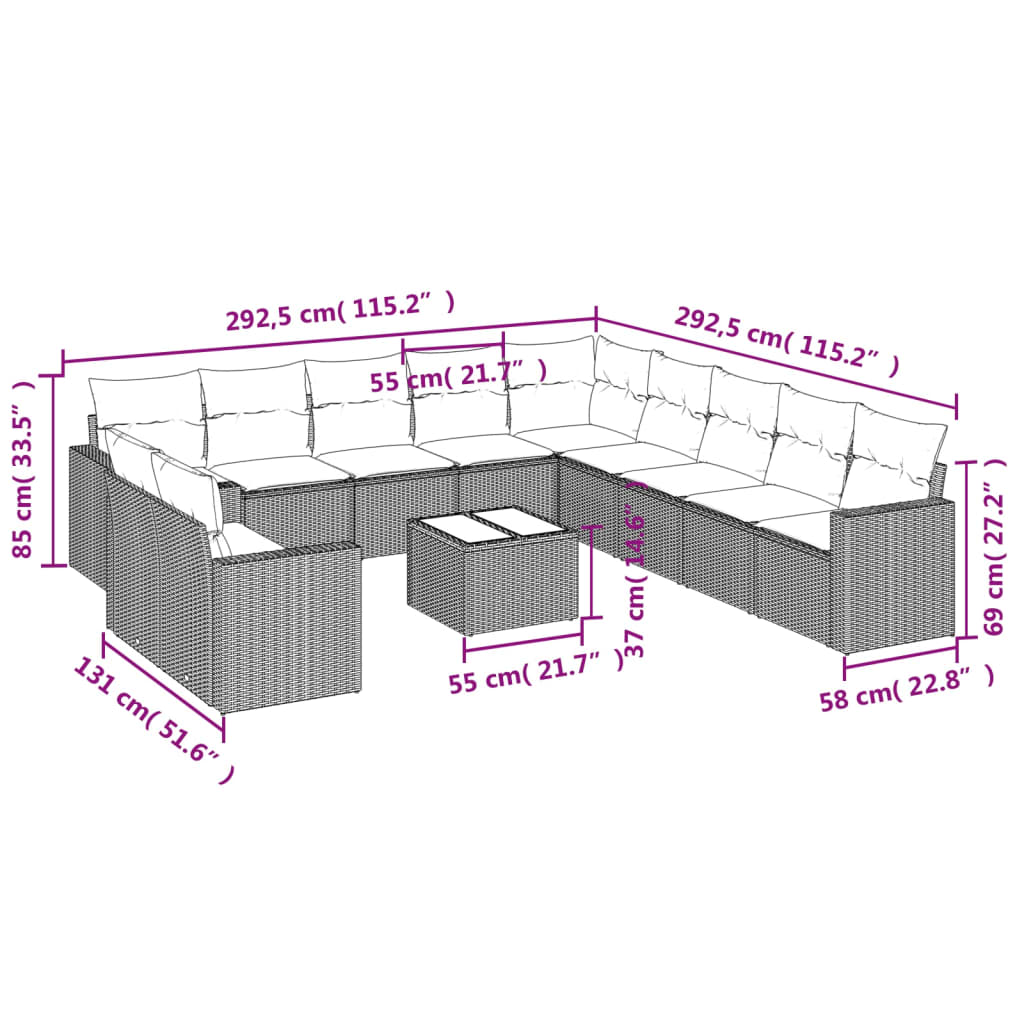 12 Pcs conjunto de sofás de jardim c/ almofadões vime PE preto