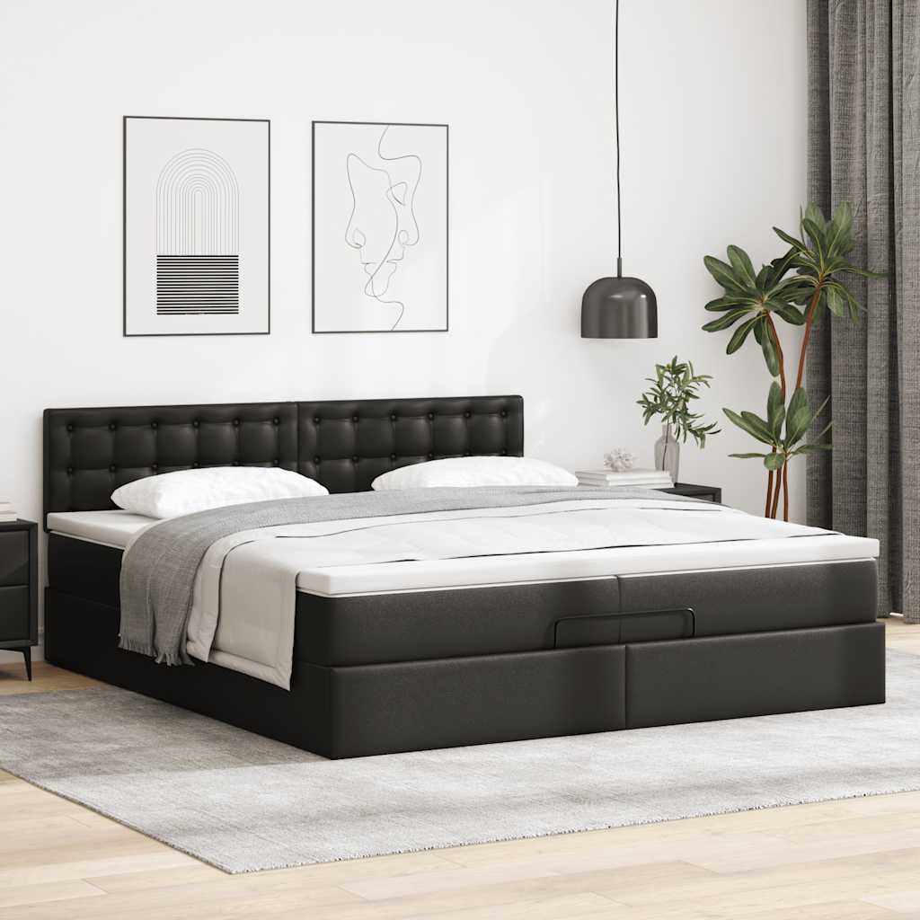 Estrutura de cama otomana com colchões couro artificial preto