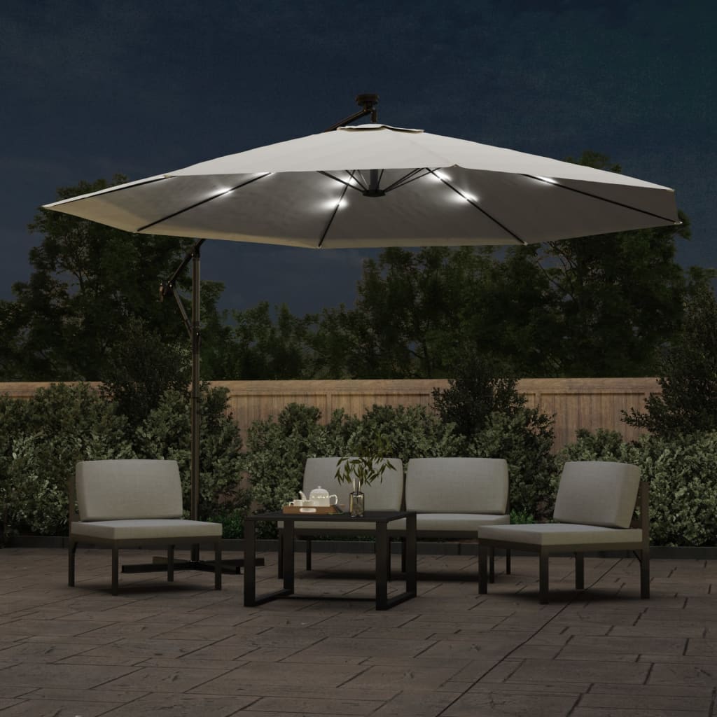 Guarda-sol cantilever c/ luzes LED e poste metal 350 cm areia
