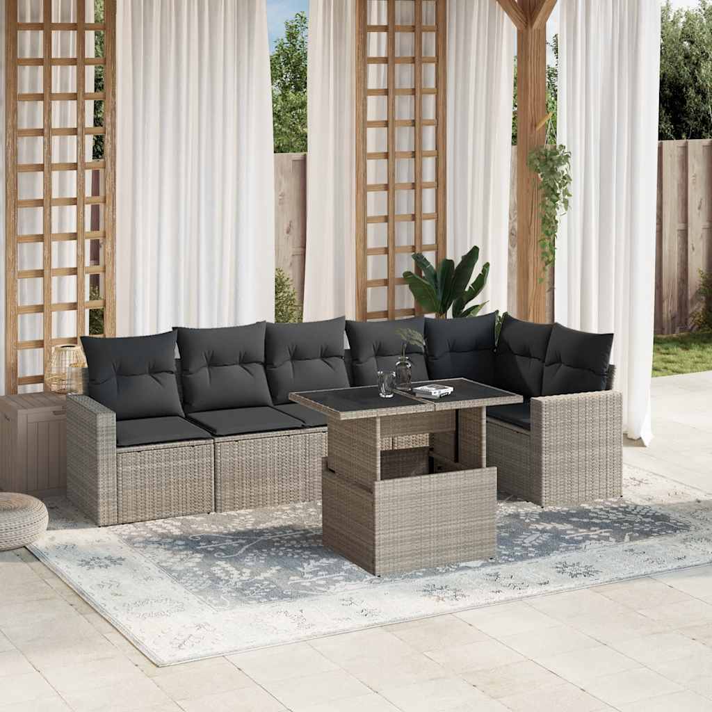 7 Pcs conj. sofás jardim com almofadões vime PE cinzento-claro