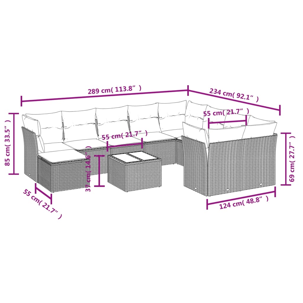 11 Pcs conjunto sofás de jardim c/ almofadões vime PE cinzento