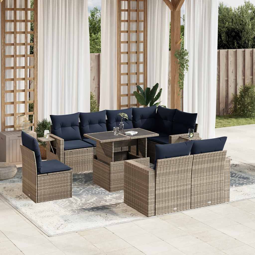 Conjunto de sofá de jardim de 9 peças com almofadas em rattan sintético cinza