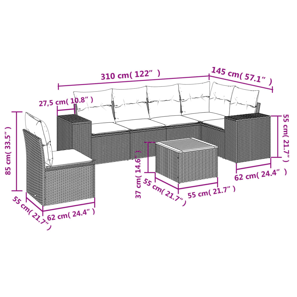 7 Pcs conjunto sofás p/ jardim c/ almofadões vime PE cinzento