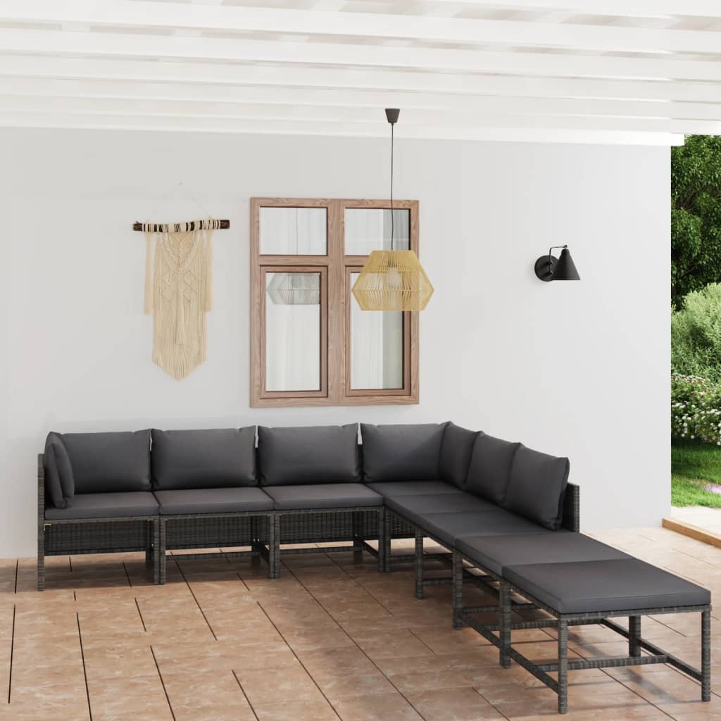 8 Pcs conjunto lounge de jardim c/ almofadões vime PE cinzento