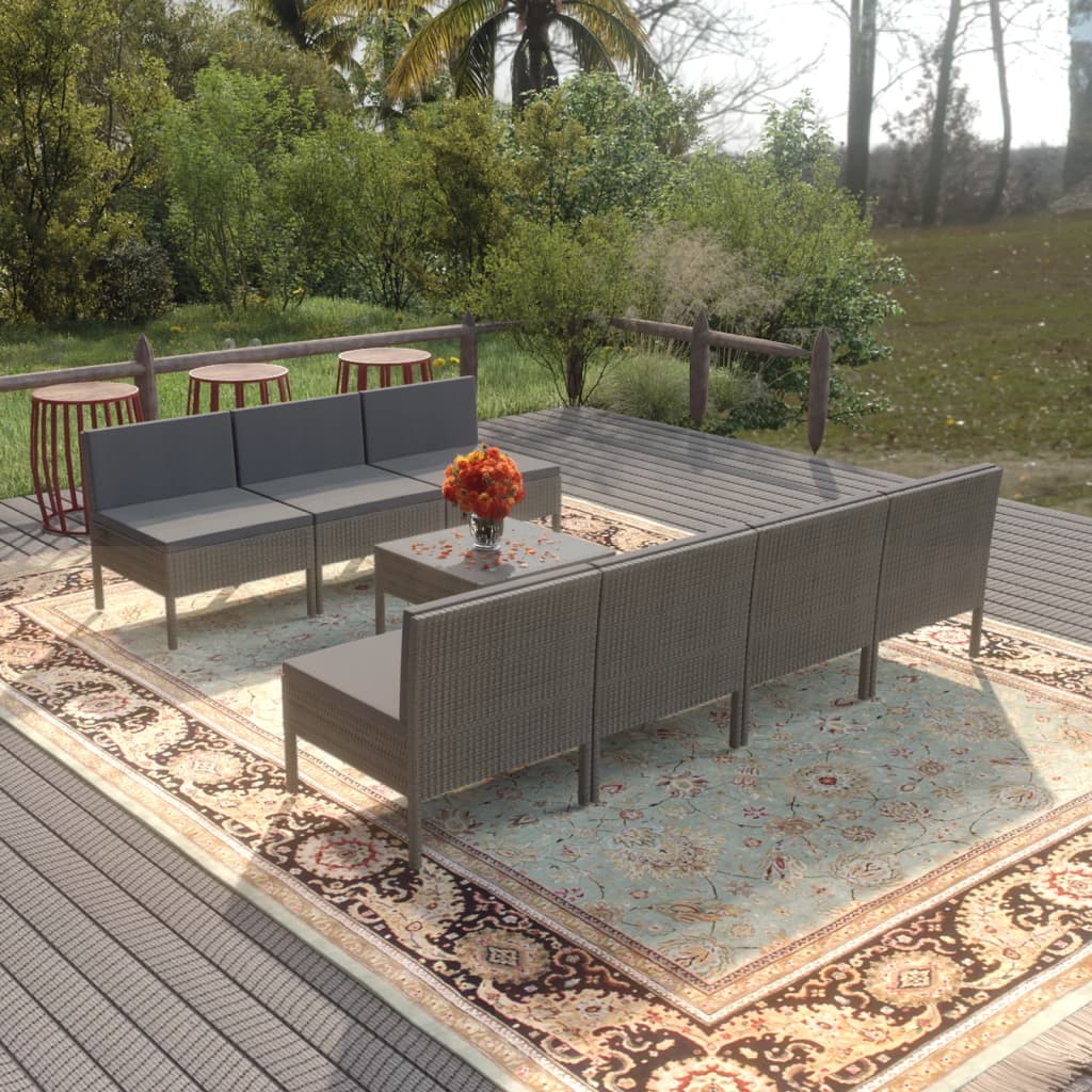 8 Pcs conjunto lounge de jardim c/ almofadões vime PE cinzento