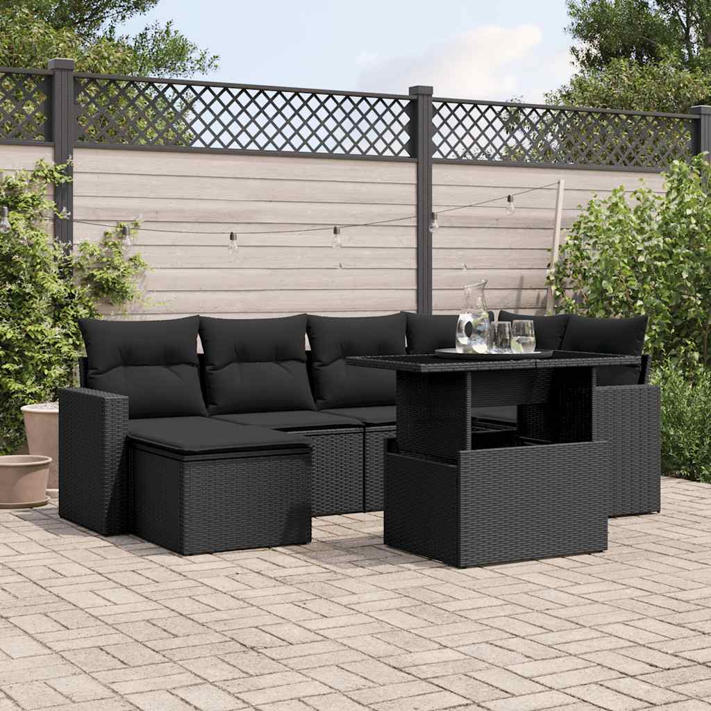 7 Pcs conjunto de sofás p/ jardim c/ almofadões vime PE preto