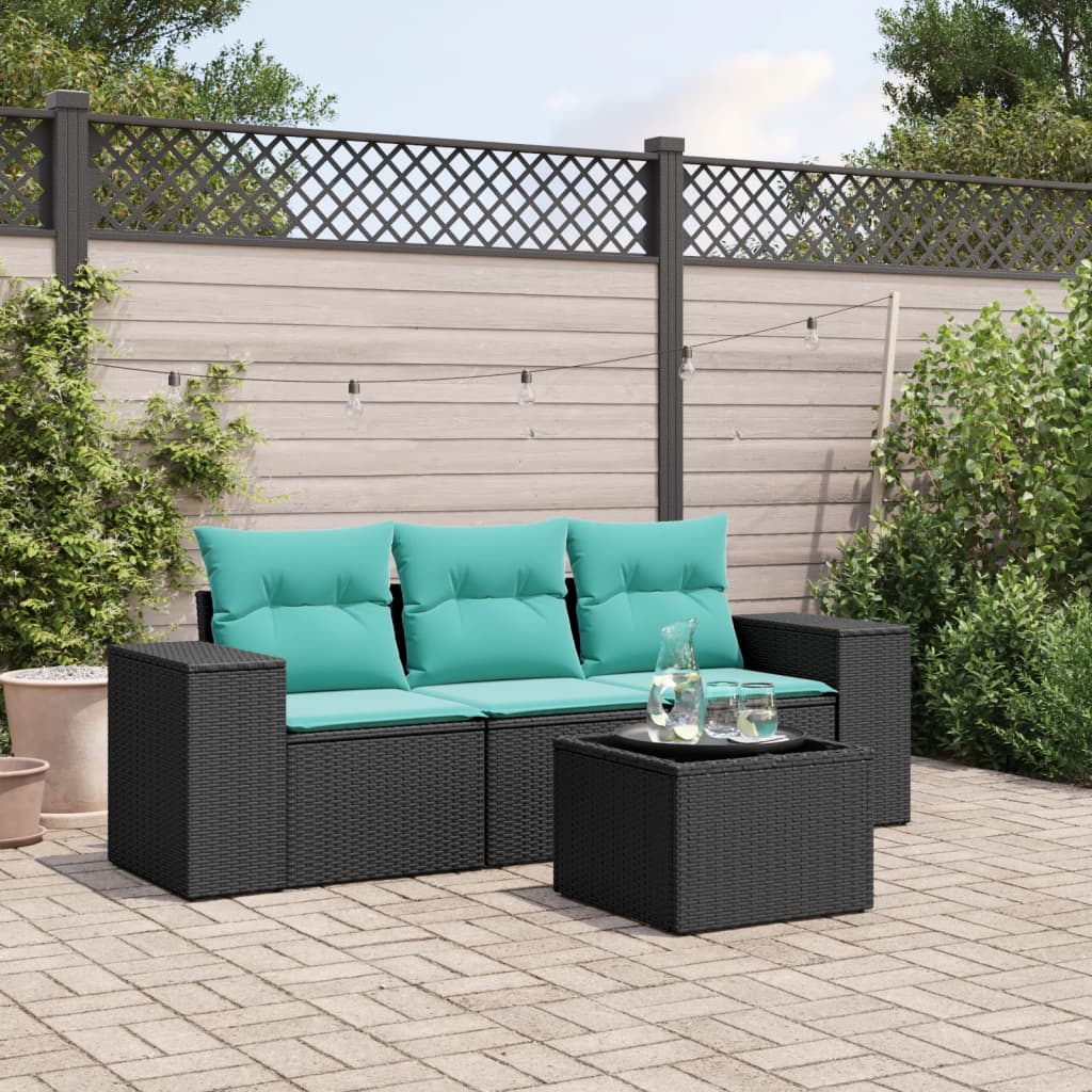 Conjunto de sofá de jardim com 4 peças e almofadas em rattan sintético preto