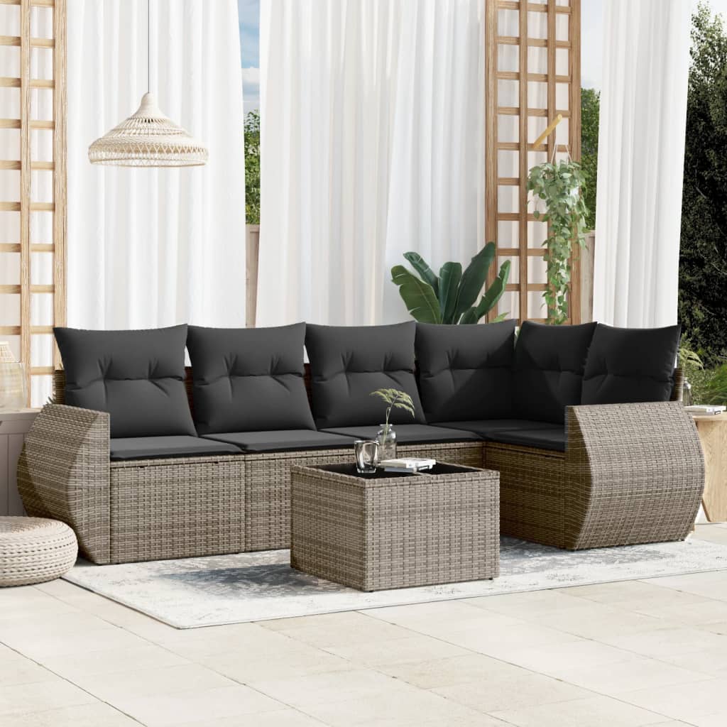 6 Pcs conjunto sofás de jardim com almofadões vime cinzento