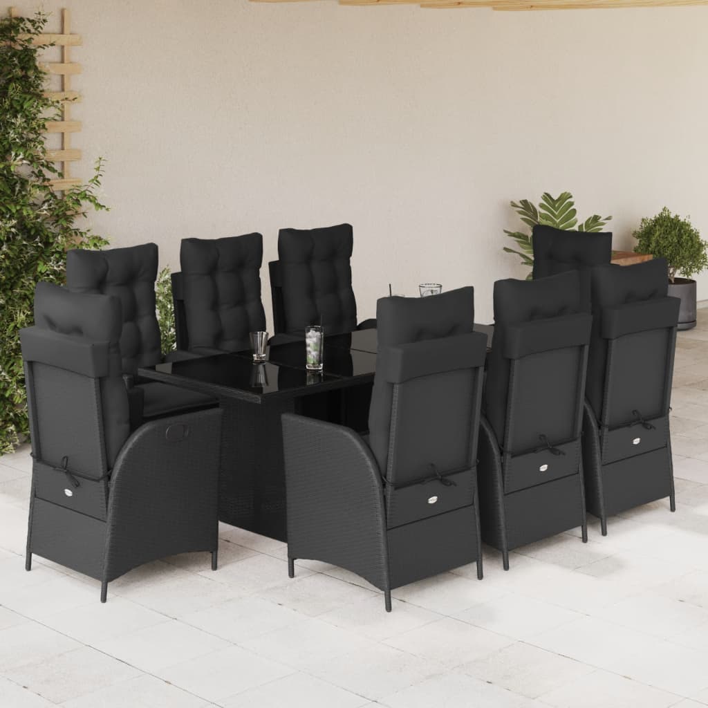 9 Pcs conjunto de jantar p/ jardim c/ almofadões vime PE preto