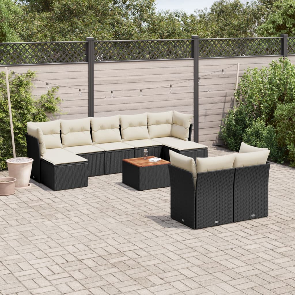 10 Pcs conjunto sofás de jardim c/ almofadões vime PE preto