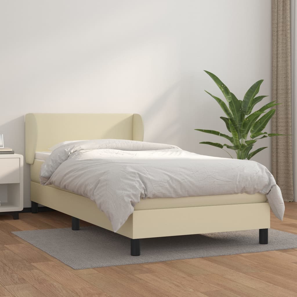 Cama com molas/colchão 100x200 cm couro artificial cor creme