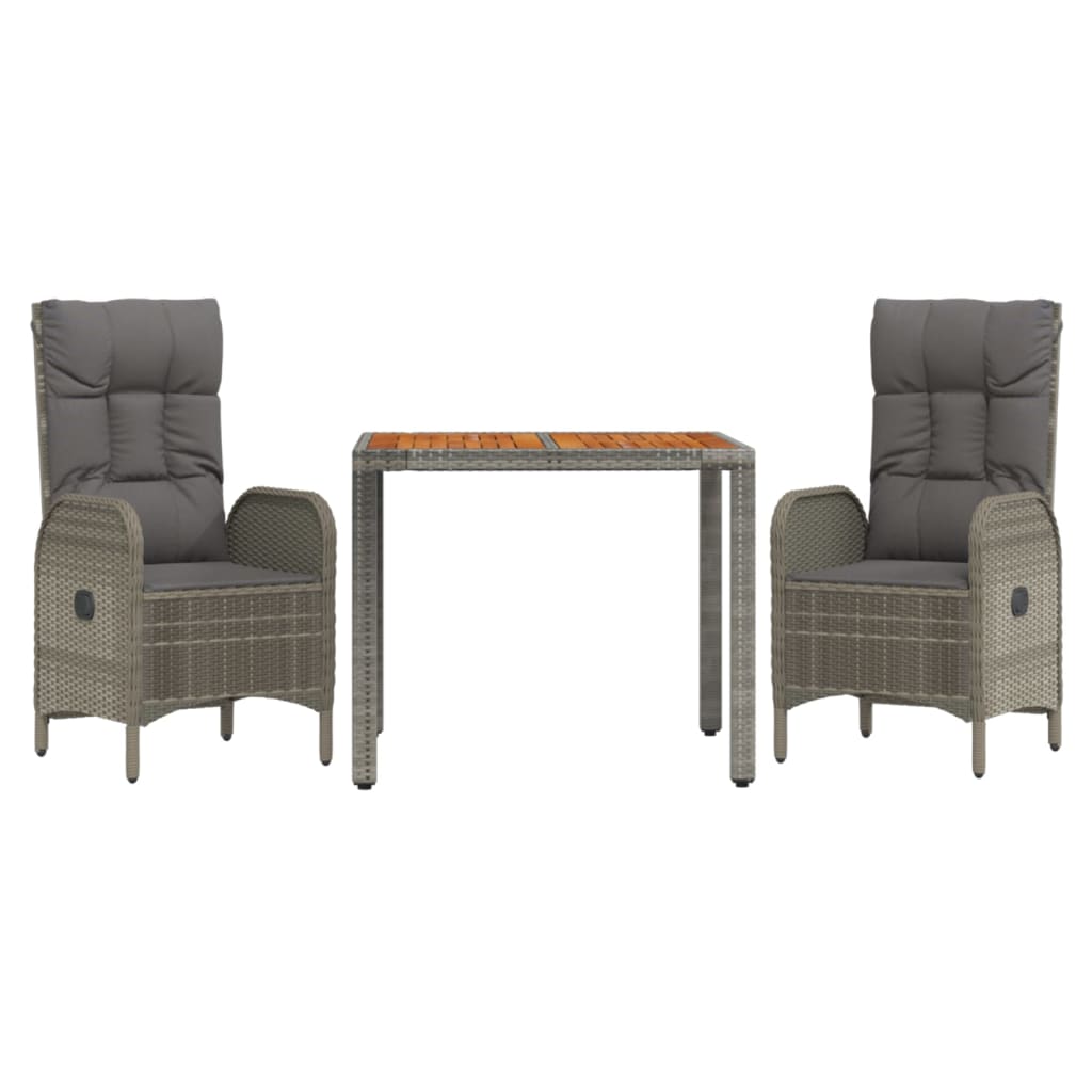 3 Pcs conjunto de jantar p/ jardim c/ almofadões vime PE cinza