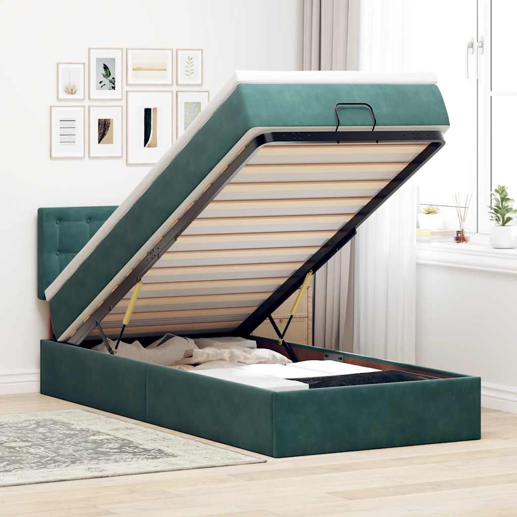 Cama otomana com colchão & leds 90x200cm veludo verde-escuro