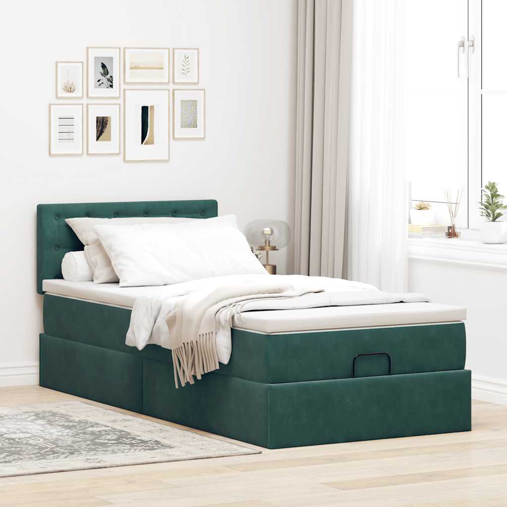 Cama otomana com colchão & leds 90x200cm veludo verde-escuro
