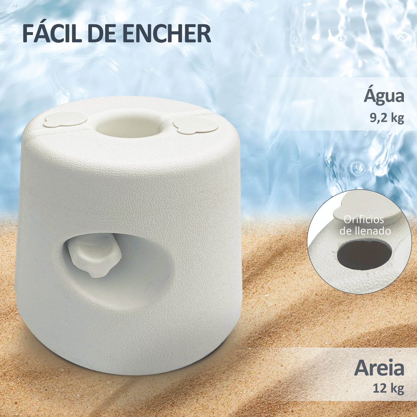 Conjunto de 4 pesos para tendas dobráveis suportes enchivel com 9,5 kg de água ou 12 kg de areia ø24x25,5 cm branco
