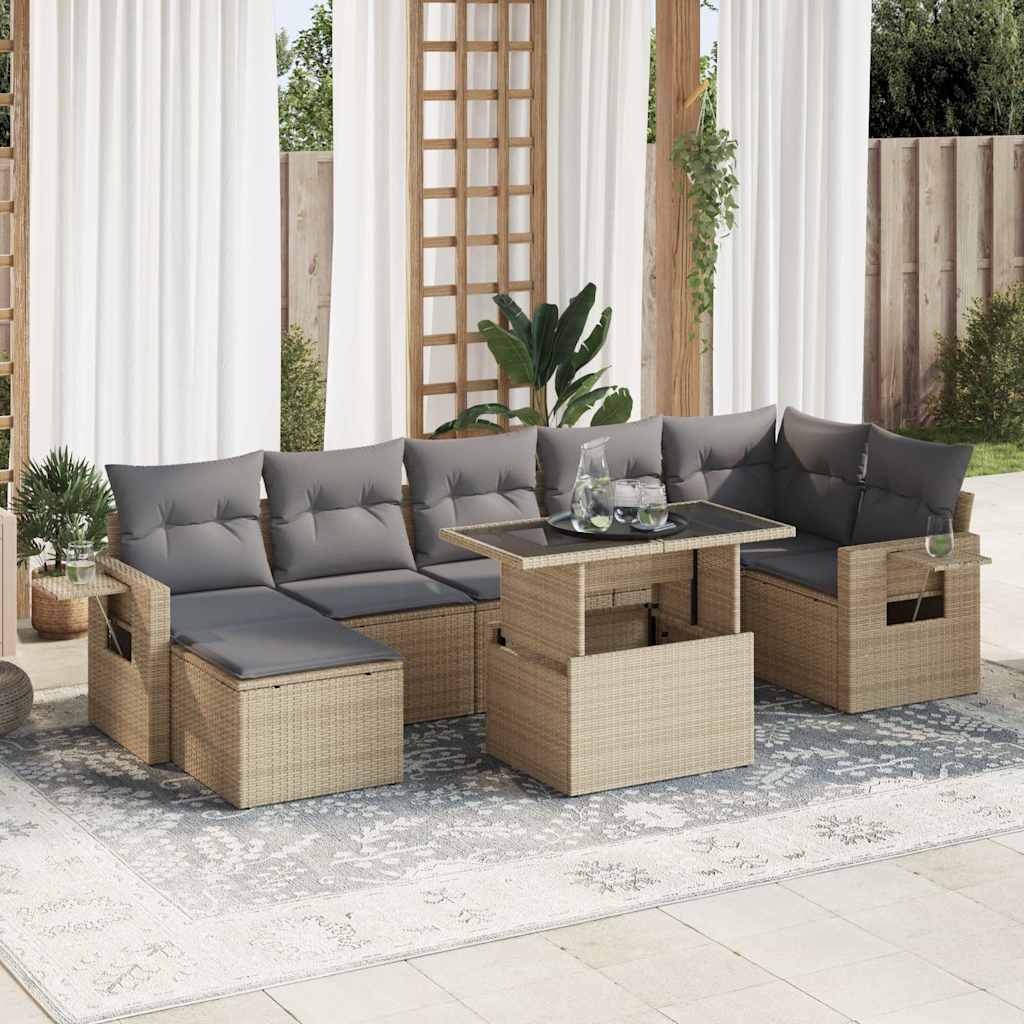 8 Pcs conjunto de sofás p/ jardim com almofadões vime PE bege