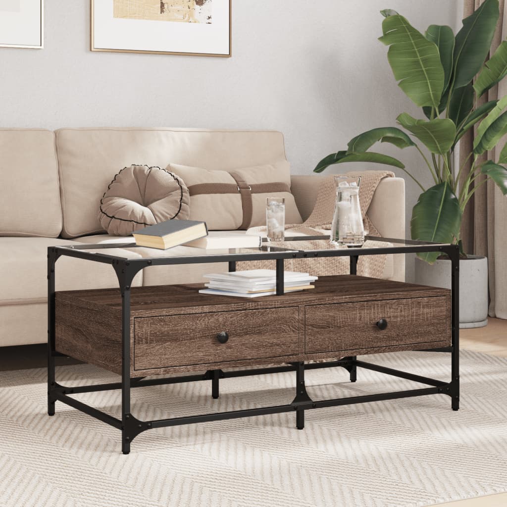 Mesa de centro c/ topo vidro 98,5x50x45cm carvalho castanho aço