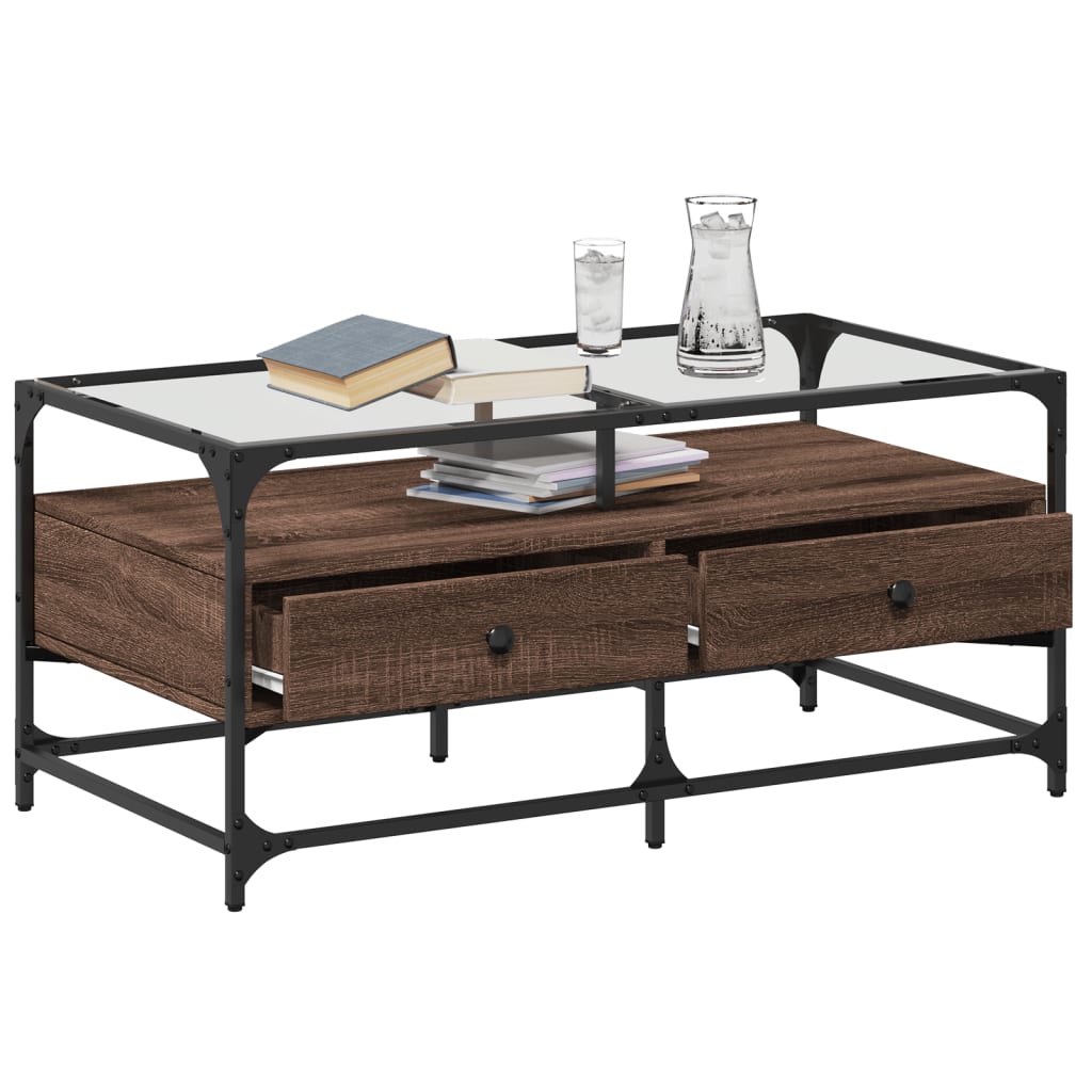 Mesa de centro c/ topo vidro 98,5x50x45cm carvalho castanho aço