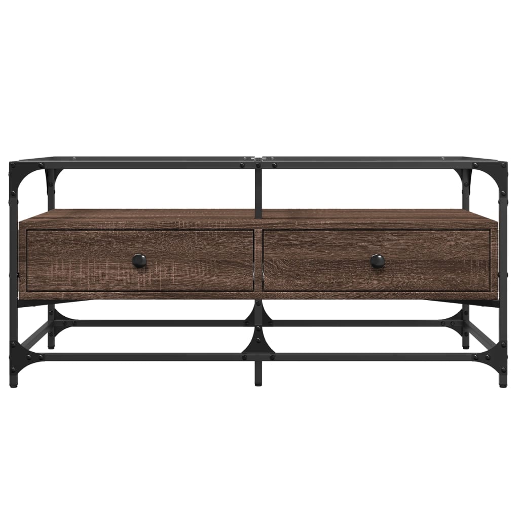 Mesa de centro c/ topo vidro 98,5x50x45cm carvalho castanho aço