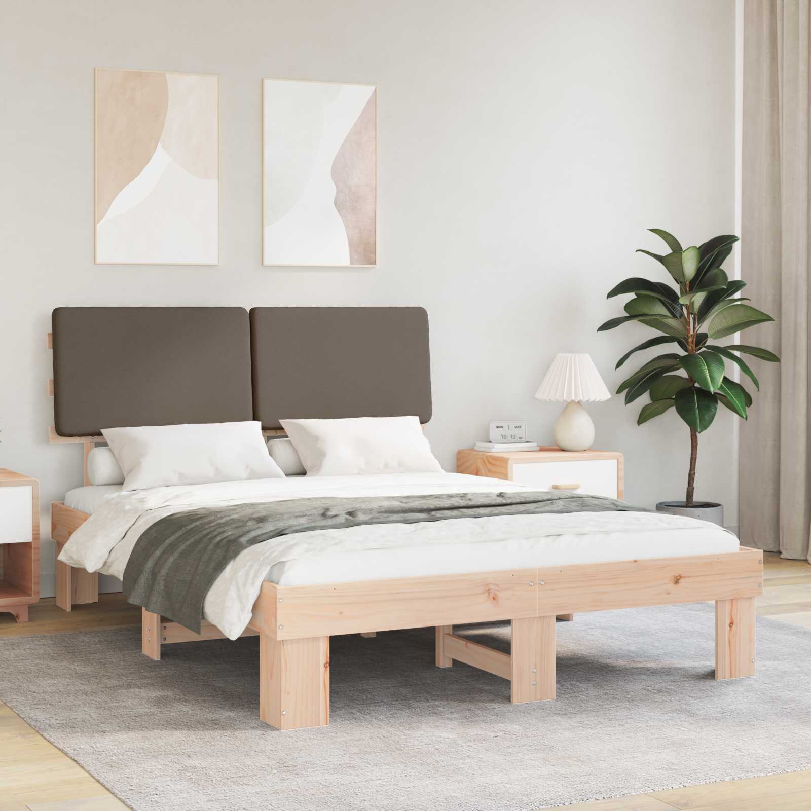 Estrutura de cama com cabeceira estofada cinzento-acastanhado