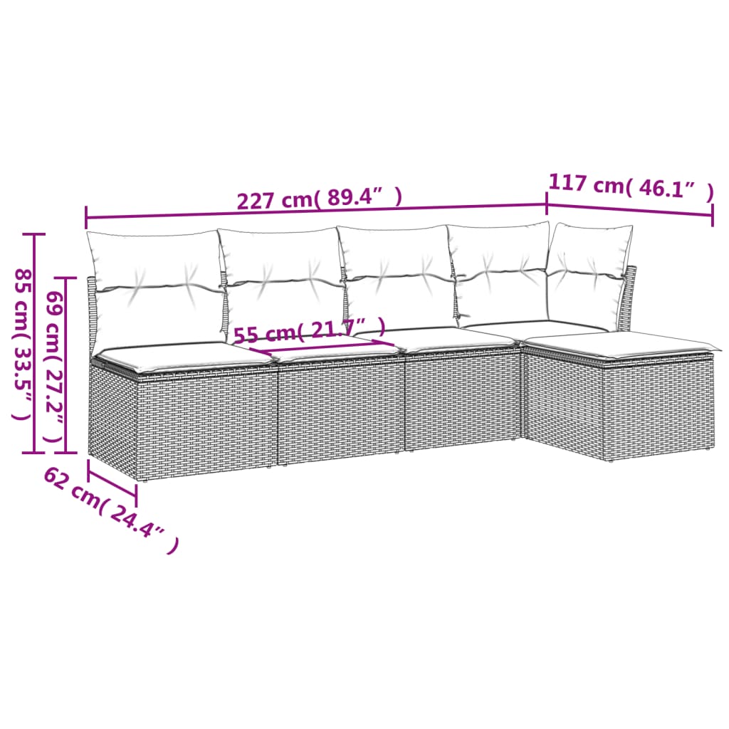 5 Pcs conjunto sofás de jardim c/ almofadões vime PE cinzento