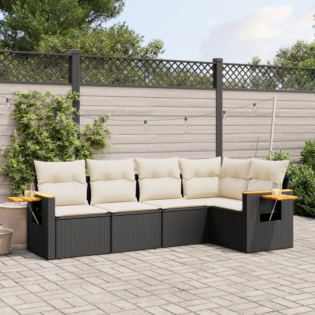 5 Pcs conjunto sofás de jardim com almofadões vime PE preto