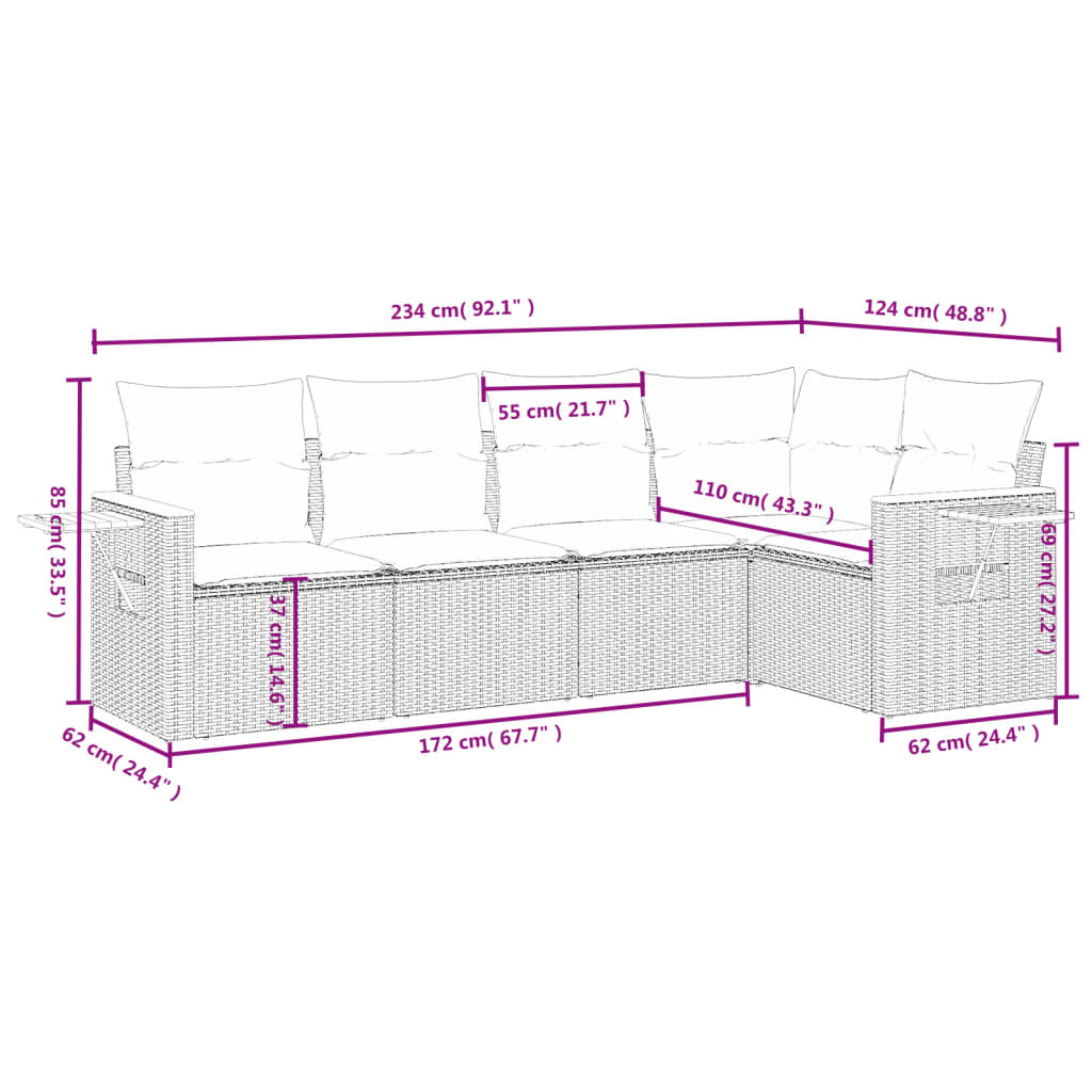 5 Pcs conjunto sofás de jardim com almofadões vime PE preto